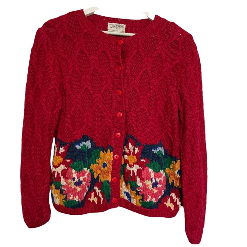 Vintage Susan Bristol Knit by hand Red Floral Cardigan Large EUC Cotton blend